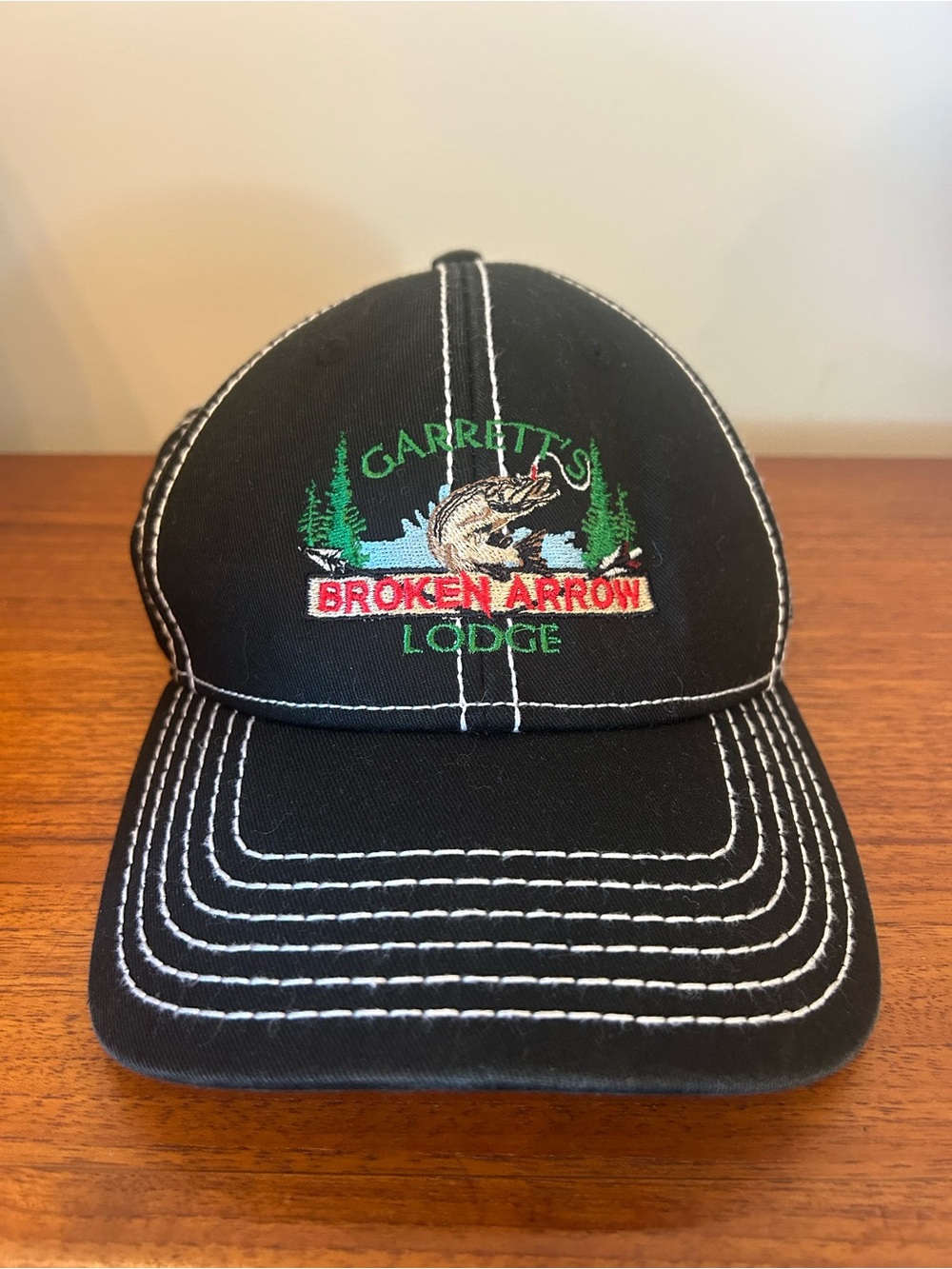 Vintage Fishing Hat Garrett's Broken Arrow Lodge Cap Black with White Stitching